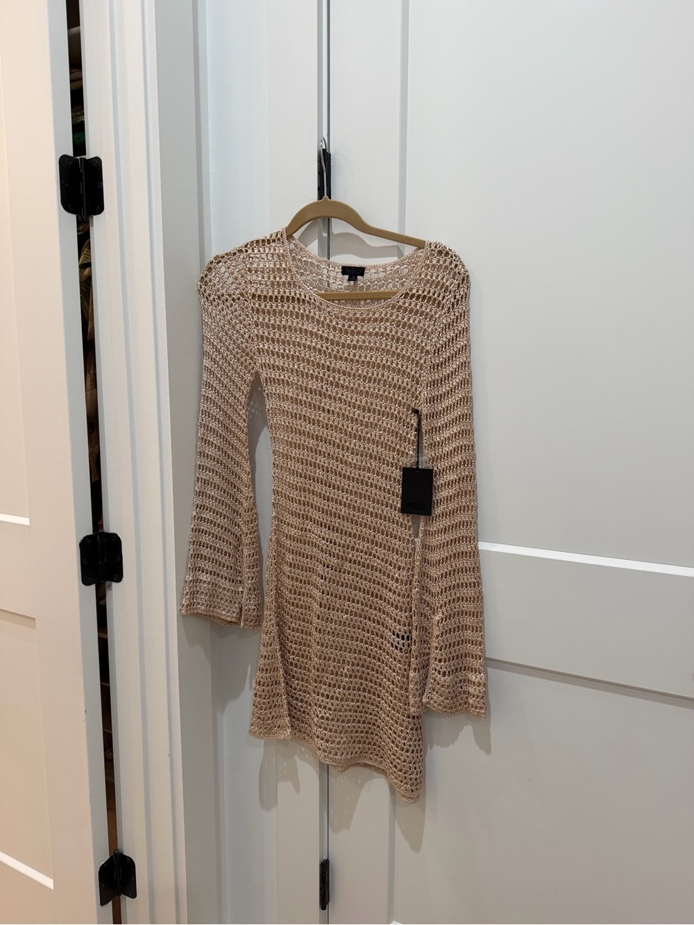 NBD Gold Open-Weave Long Sleeve Mini Dress
